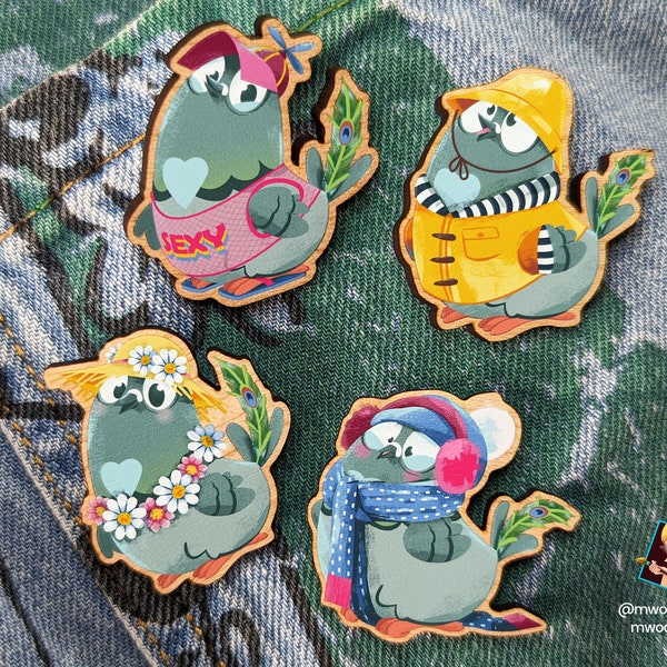 Pin's en bois Mr Pigeon les 4 saisons environ 4x4cm / 1.57x1.57in, animaux mignons, épingle au choix, printemps, été, automne, hiver