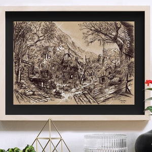 Libertalia, aus Uncharted 4 Reproduktion A4 Illustration Schwarz-Weiß-Zeichnung
