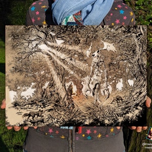 The Witcher Reproduction imprimée sur FOREX d'une illustration en noir et blanc, encre de Chine et feutres, inspiration jeu vidéo