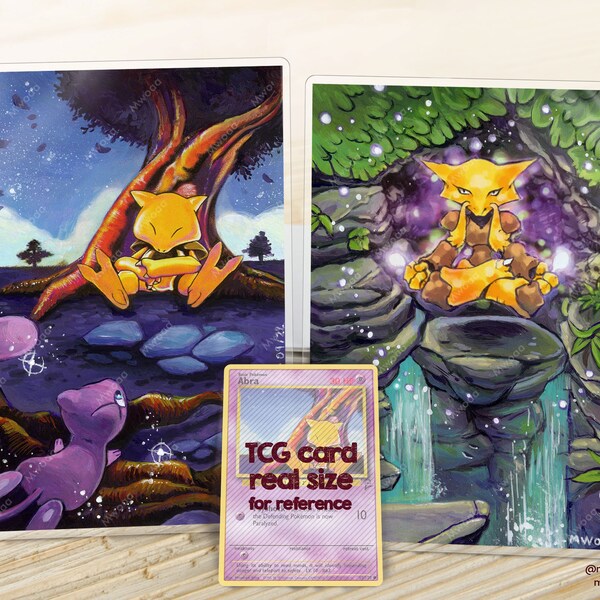 Abra and Alakazam as Laminated A5 painted card print, geek illustration art