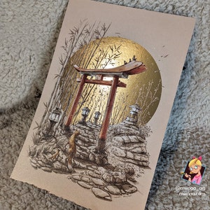 Riproduzione di Tsushima stampata su carta Olin con sovrastampa in oro da un'illustrazione a china, di ispirazione giapponese