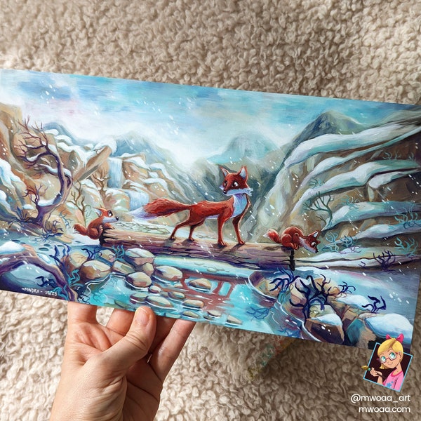 Fox family FOREX (Foamex) print of an acrylic painting in a snowy background