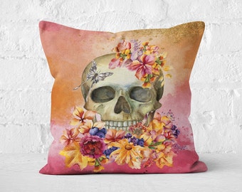 Halloween - Dia Los Muertos Skull Floral Moth Pink Orange Gold - Premium Pillow Case