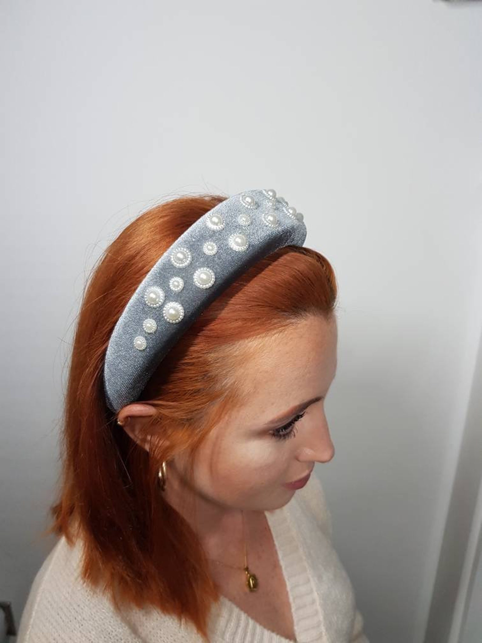 Grey bespoke padded headband. Etsy