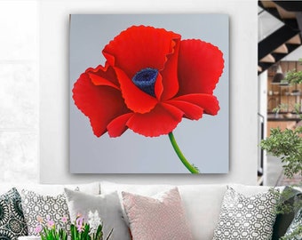 Red Poppy Painting Original Red Poppy Canvas Wall Art Single Flower Painting Enlarged Floral Macro Flower Wall Art Georgia O'Keeffe Poppies