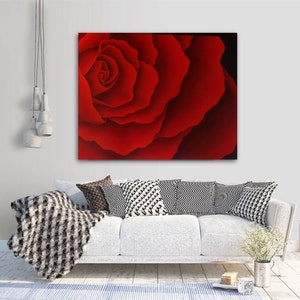May include: A close-up of a red rose with petals that are layered and textured. The rose is in focus, while the background is blurred.