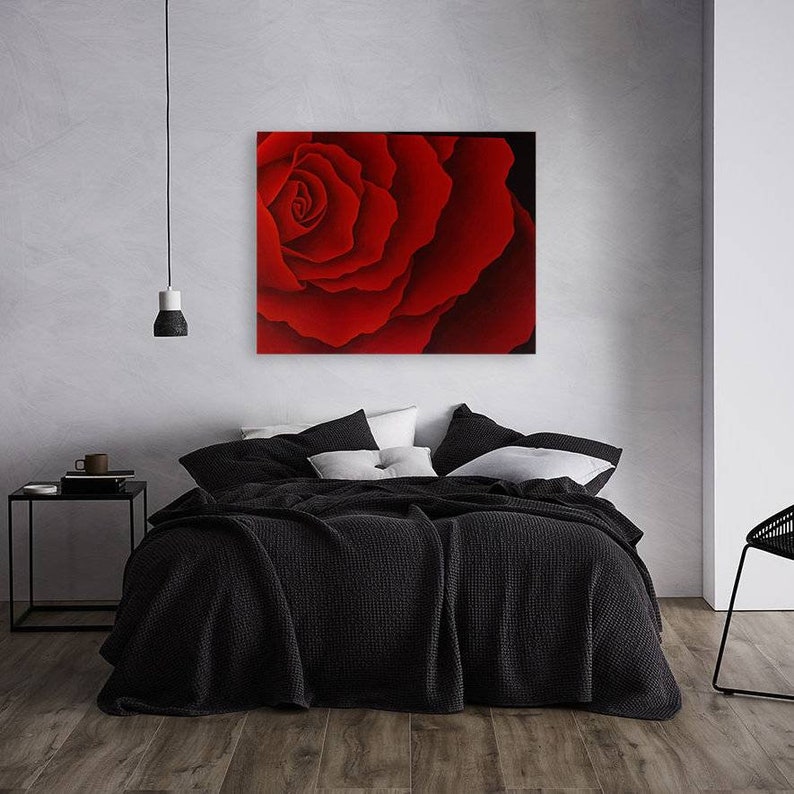 May include: A close-up of a red rose, showing the intricate details of the petals.