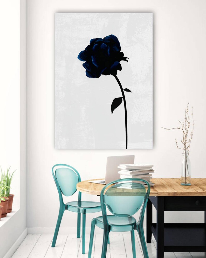 Dark Blue Rose Painting Single Rose Stem Painting Minimalist - Etsy