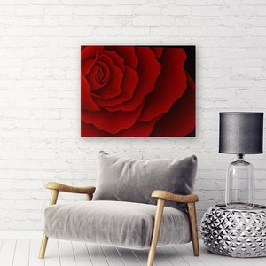 May include: A close-up of a single red rose with petals that are curled and layered. The rose is in focus, while the background is blurred.