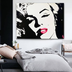 Marilyn Monroe Painting Original Modern Artwork Warhol Pop Art Portrait Marilyn Monroe Large Wall Art Hot Pink Red Lips Canvas Black White image 4