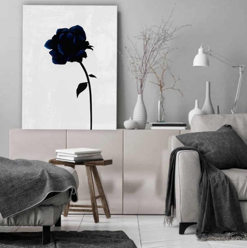 Dark Blue Rose Painting Single Rose Stem Painting Minimalist Modern