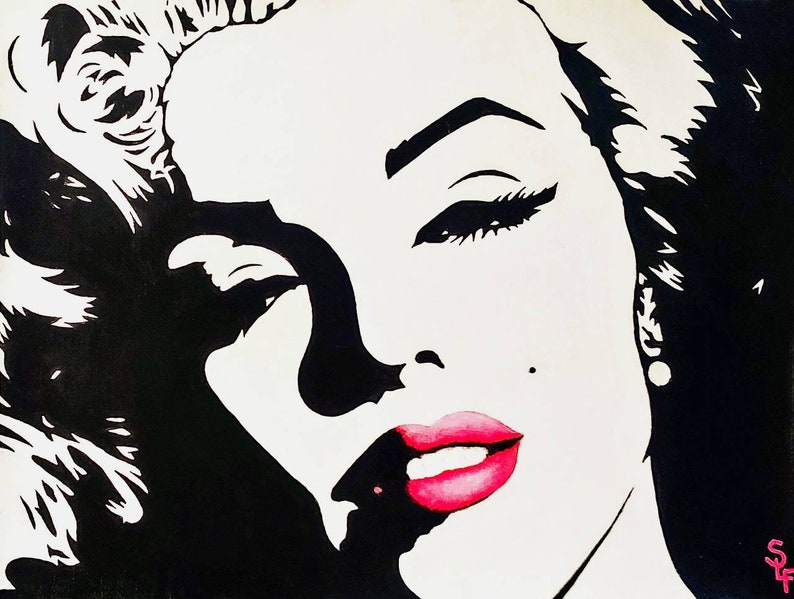 Marilyn Monroe Painting Original Modern Artwork Warhol Pop Art Portrait Marilyn Monroe Large Wall Art Hot Pink Red Lips Canvas Black White image 3