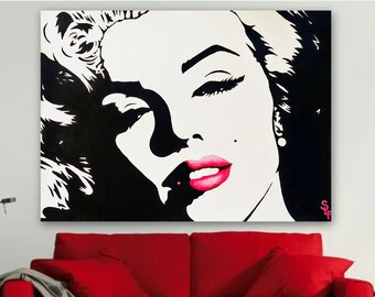 Marilyn Monroe Painting Original Modern Artwork Warhol Pop Art Portrait Marilyn Monroe Large Wall Art Hot Pink Red Lips Canvas Black White