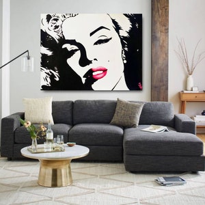 Marilyn Monroe Painting Original Modern Artwork Warhol Pop Art Portrait Marilyn Monroe Large Wall Art Hot Pink Red Lips Canvas Black White image 7