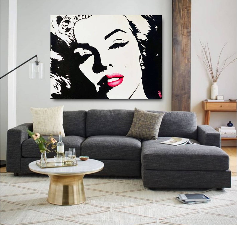 Marilyn Monroe Painting Original Modern Artwork Warhol Pop Art Portrait Marilyn Monroe Large Wall Art Hot Pink Red Lips Canvas Black White image 7