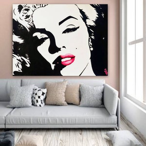 Marilyn Monroe Painting Original Modern Artwork Warhol Pop Art Portrait Marilyn Monroe Large Wall Art Hot Pink Red Lips Canvas Black White image 6