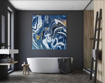 Abstract Painting Original Acrylic Pour Painting Geode Art Metallic Gold Artwork Stormy Sky Cloud Large Wall Art Canvas Contemporary Art