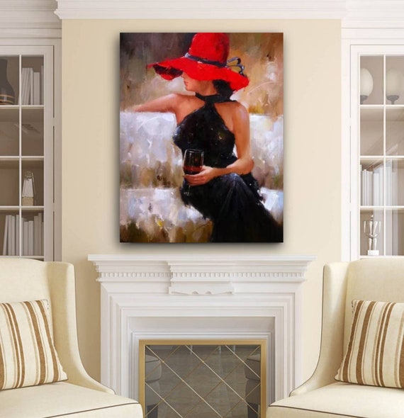 Portrait Woman Black Dress Painting Lady Red Hat Modern Abstract Portrait  Sexy Woman Impasto Painting Red Wine Glass Large Wall Art Canvas - Etsy
