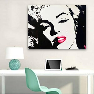 Marilyn Monroe Painting Original Modern Artwork Warhol Pop Art Portrait Marilyn Monroe Large Wall Art Hot Pink Red Lips Canvas Black White image 10