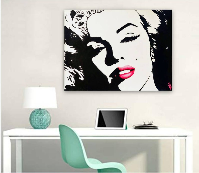 Marilyn Monroe Painting Original Modern Artwork Warhol Pop Art Portrait Marilyn Monroe Large Wall Art Hot Pink Red Lips Canvas Black White image 10