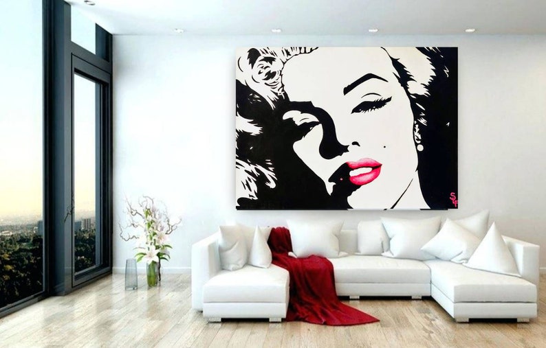 Marilyn Monroe Painting Original Modern Artwork Warhol Pop Art Portrait Marilyn Monroe Large Wall Art Hot Pink Red Lips Canvas Black White image 5