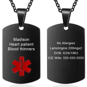 Collar de alerta médica personalizado para hombres y mujeres, etiqueta de identificación médica grabada personalizada, collar de alerta médica de emergencia, joyería de alerta médica imagen 8