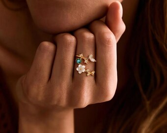 Birth Flower Ring, Handmade Sakura Ring, Mother of Pearl Adjustable Ring, Delicate Personalized Birthstone Gift for Her