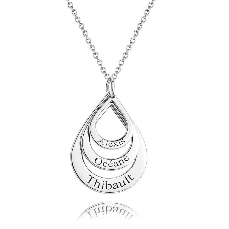 Personalized Dangle Drop Shape Engraved 3 Name Necklace \u2013 Custom Family Pendant