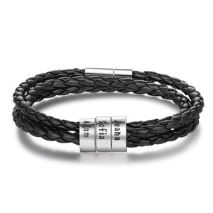 Personalized Mens Braided Leather Bracelet Custom Beads Name Charm Bracelet for Men with Family Names