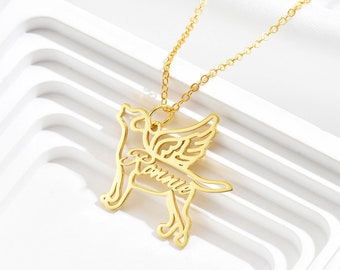 Pet Dog Loss Memorial Necklace with Angel Wings, Personalized Name Necklace with Wings, Dog Breed Silhouette Necklace Jewelry