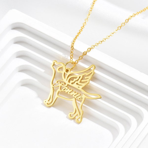Pet Dog Loss Memorial Necklace with Angel Wings, Personalized Name Necklace with Wings, Dog Breed Silhouette Necklace Jewelry