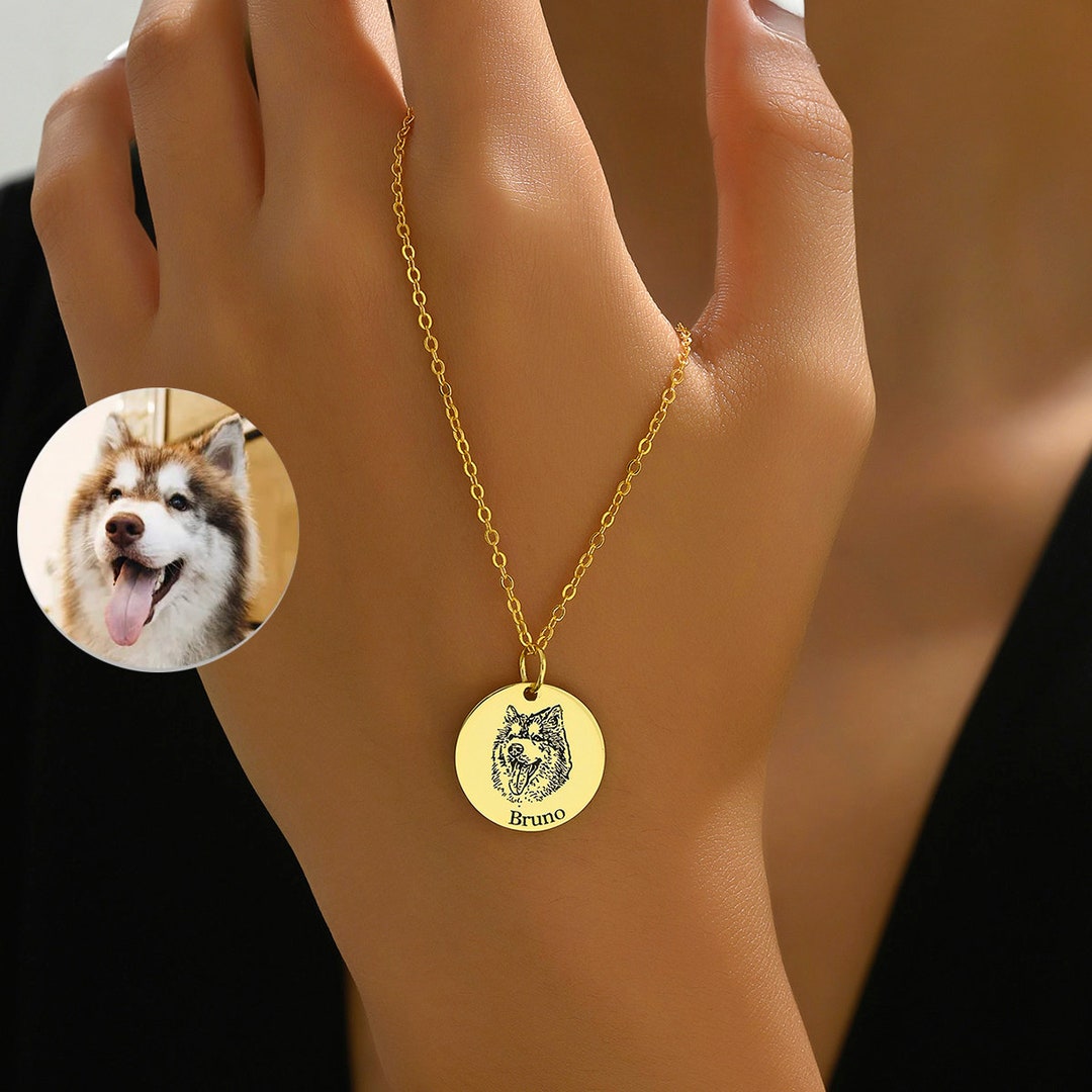 Personalized Pet Portrait Necklace, Customized Pet Photo Engraved Name Necklace, Handmade Pet Memorial Jewelry Gift, Dog Cat Necklace For Animal Lover, Dog Mom, Dog Dad