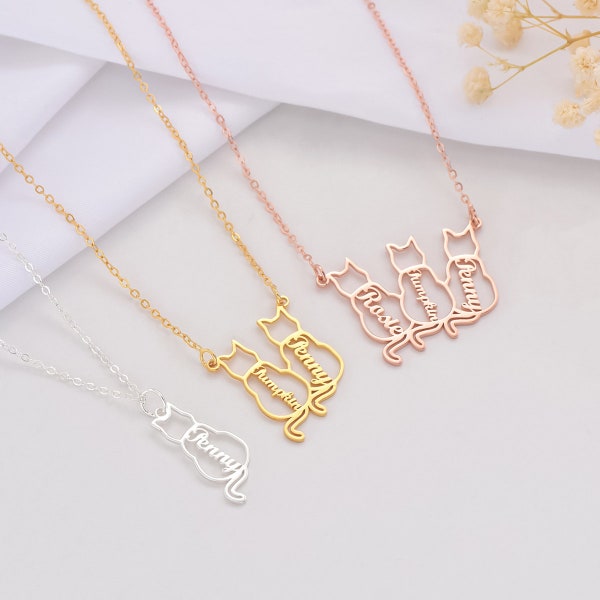 Collier prénom personnalisé chat, collier chat prénommé, cadeau commémoratif chat personnalisé, collier silhouette chat, bijoux prénom chat personnalisés