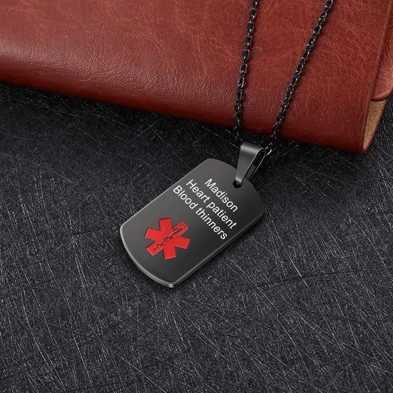 Collar de alerta médica personalizado para hombres y mujeres, etiqueta de identificación médica grabada personalizada, collar de alerta médica de emergencia, joyería de alerta médica imagen 4