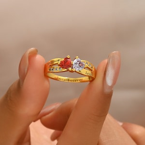 Personalized Promise Heart Birthstone Ring, Mothers Ring 2 Birthstone, Women Birthstone Mom Jewelry, Christmas Gift, Custom Family Ring