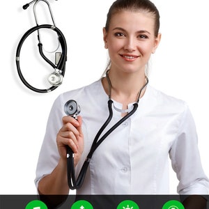 May include: A black dual head stethoscope with a silver listening head. The stethoscope is held by a person wearing a white lab coat. The text "DUAL HEAD STETHOSCOPE" is at the top of the image. The text "The professional stethoscope that doctors are using" is below the first line of text.  The image also includes four icons: a musical note, a plus sign, a sun, and a plus sign with a circle around it. The text below the icons reads: "Fresh sound quality", "Closed earplugs", "Cold-proof plastic", and "Medical silicone earplugs".