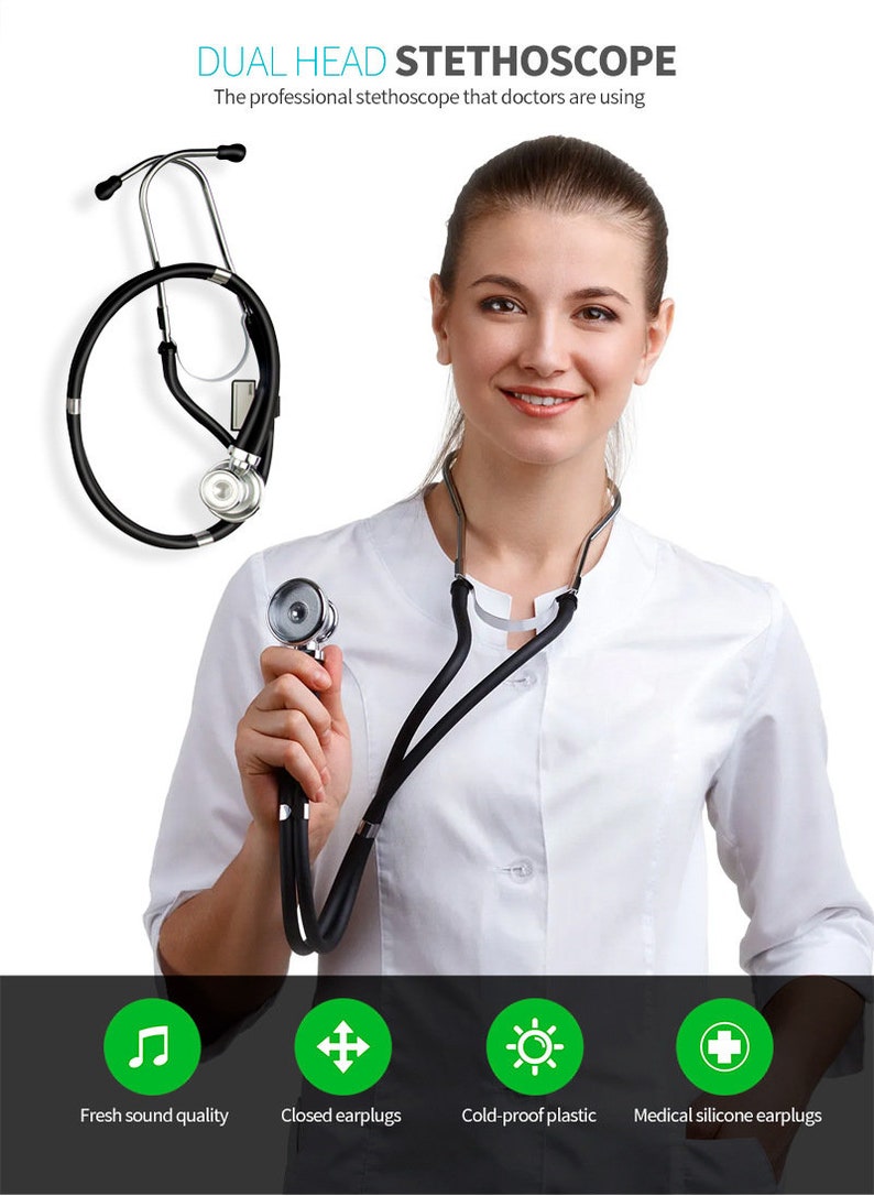May include: A black dual head stethoscope with a silver listening head. The stethoscope is held by a person wearing a white lab coat. The text "DUAL HEAD STETHOSCOPE" is at the top of the image. The text "The professional stethoscope that doctors are using" is below the first line of text.  The image also includes four icons: a musical note, a plus sign, a sun, and a plus sign with a circle around it. The text below the icons reads: "Fresh sound quality", "Closed earplugs", "Cold-proof plastic", and "Medical silicone earplugs".