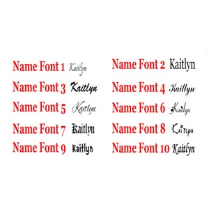 May include: A white background with ten different font styles of the name "Kaitlyn" in red text.