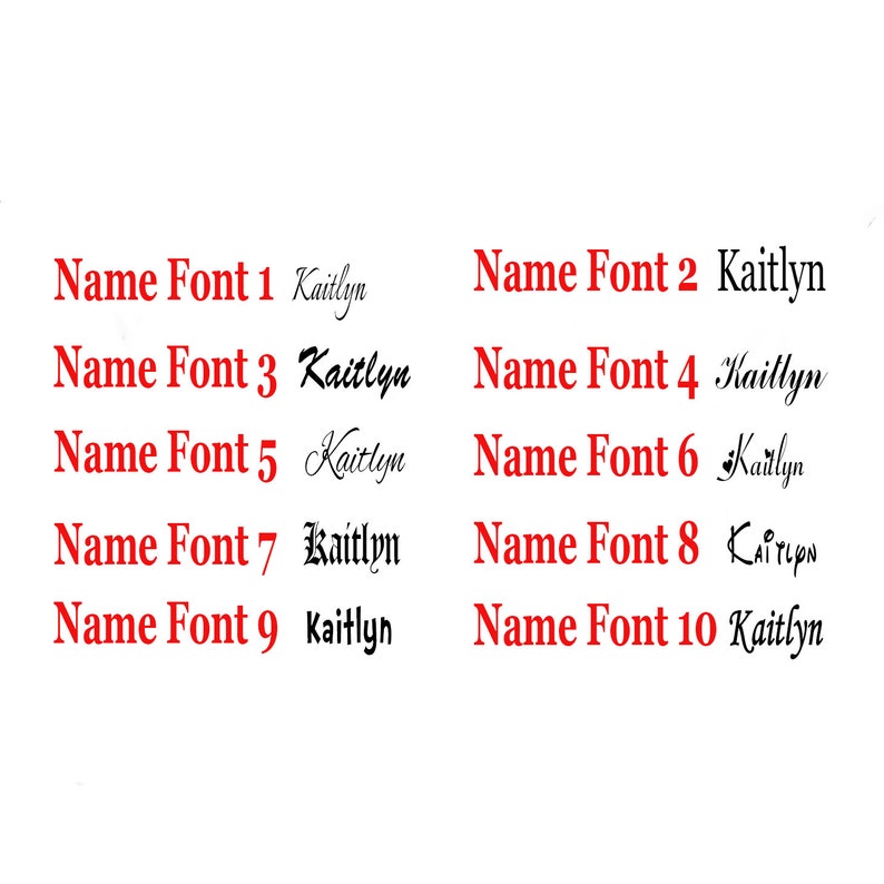 May include: A white background with ten different font styles of the name "Kaitlyn" in red text.