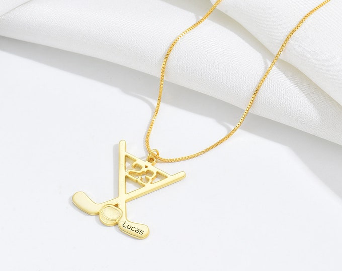 Personalized Team Hockey Necklace, Custom Hockey Jewelry, Ice Hockey Sticks Necklace with Number and Name, Custom Baseball Gift For Kids Him