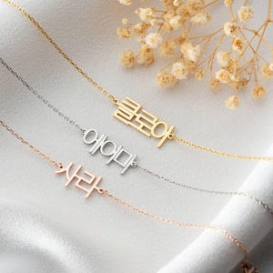 Pu&ograve; includere: Tre delicate collane con targhetta in oro, argento e oro rosa. Ogni collana presenta un nome diverso scritto in caratteri coreani. Le collane sono esposte su una superficie bianca con fiori secchi sullo sfondo.
