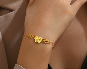 Angel Winged Paw Print Name Bracelet, Handmade Pet Jewelry, Dog Memorial Gift for Her, Mother's Day Gift, Dog Friendly Memorial Bracelet