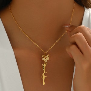 Collar con nombre árabe y flor de nacimiento, collar con nombre floral, collar con flores de colores, joyas con nombre personalizadas, regalos de Navidad, regalo de cumpleaños