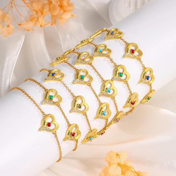 Personalized Birthstone Bracelet, 1-5 Birthstone Heart Name