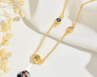 Collar de piedras de nacimiento de proyección de fotos de cuentas redondas, collar de fotos personalizado, colgante de fotos conmemorativas, regalo para ella, regalo del día de San Valentín