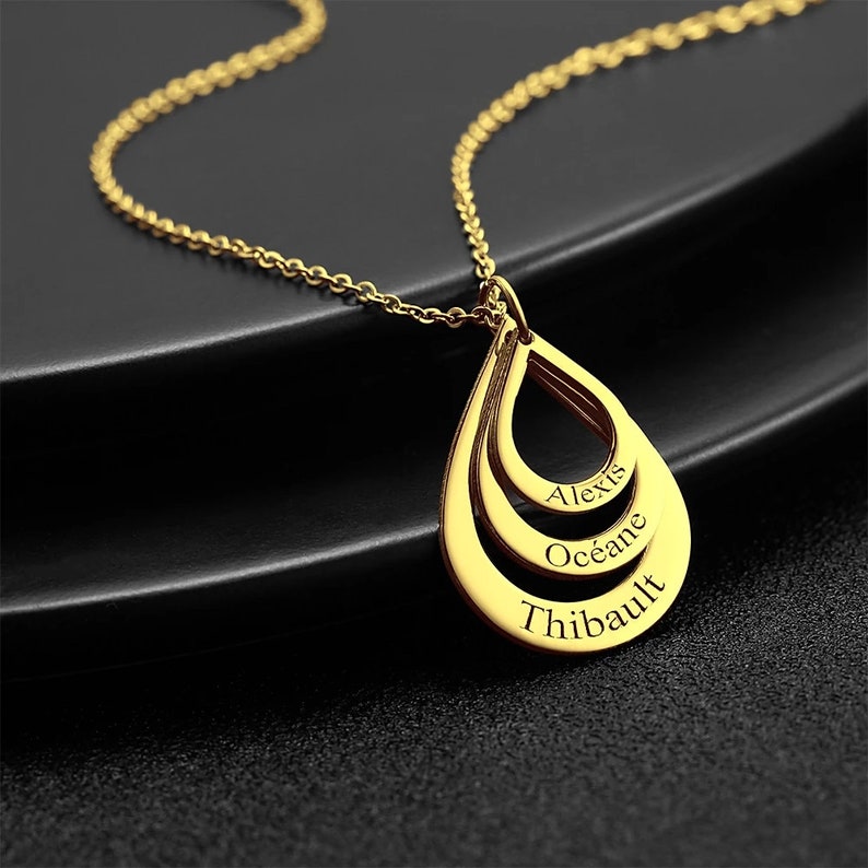 Personalized Dangle Drop Shape Engraved 3 Name Necklace \u2013 Custom Family Pendant