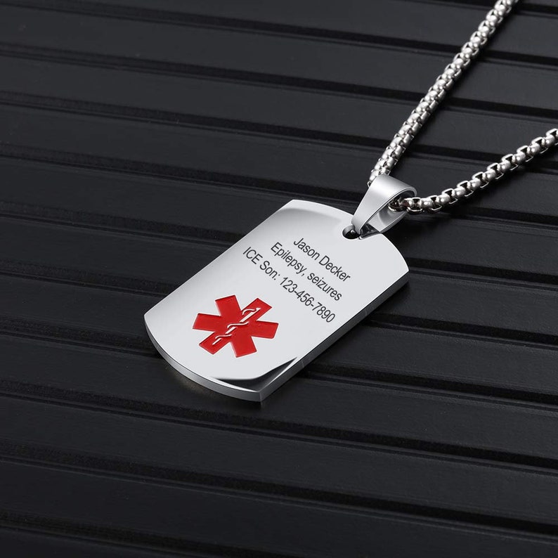 Collar de alerta médica personalizado para hombres y mujeres, etiqueta de identificación médica grabada personalizada, collar de alerta médica de emergencia, joyería de alerta médica imagen 2