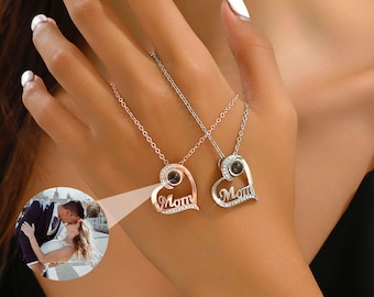 Mom Heart Photo Projection Necklace, Custom Photo Necklace, Memorial Photo Pendant, Gift for Her, Mom Necklace, Valentine Day Gift