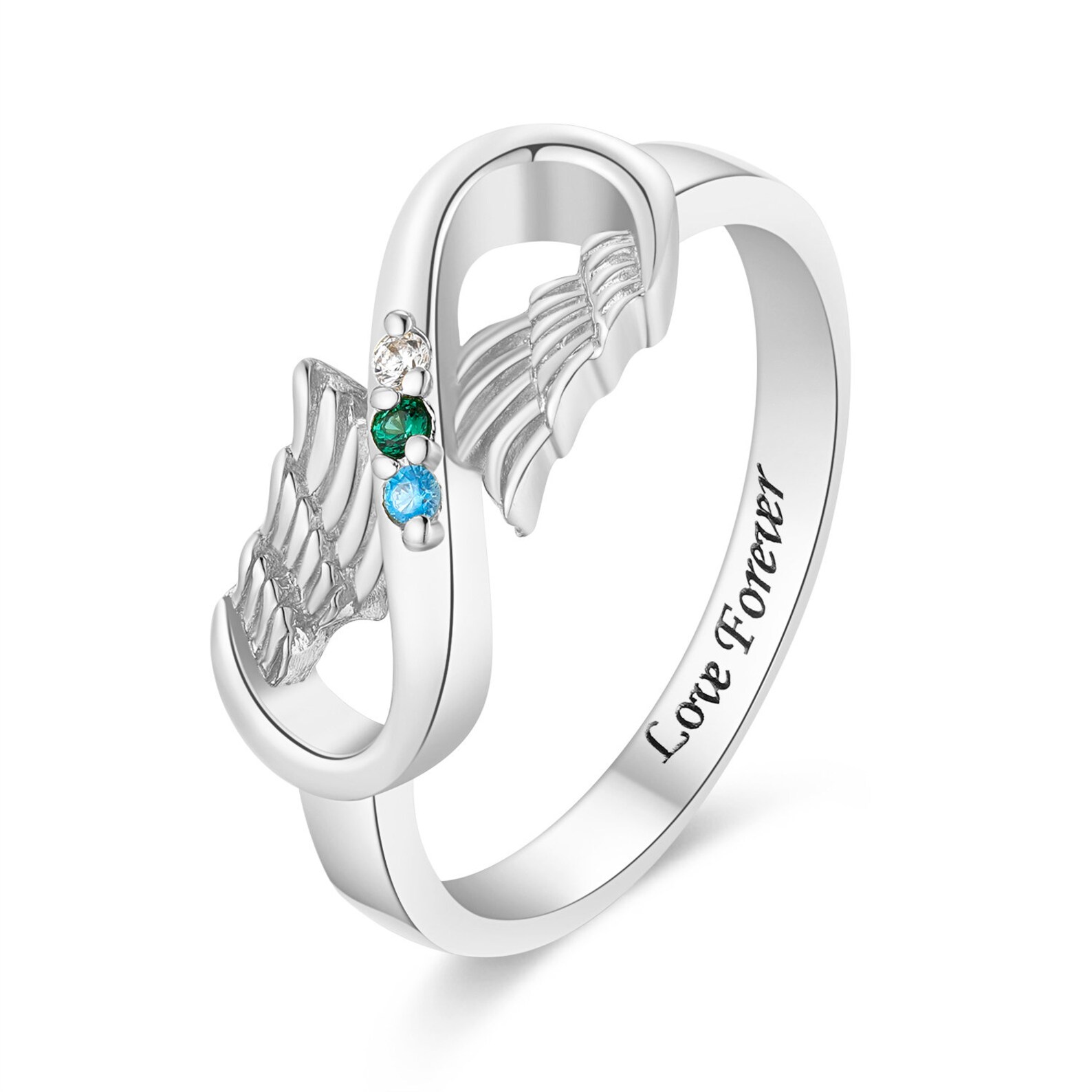Personalized Angel Wing Infinity Ring With Birthstone Sterling Etsy