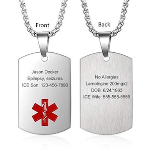 Medical Alert Necklace for Men Women Stainless Steel Engraved